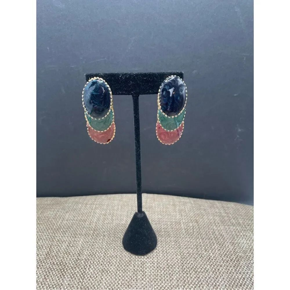 Vintage Abstract Enamel Earrings Not Stamped  Multi Colored